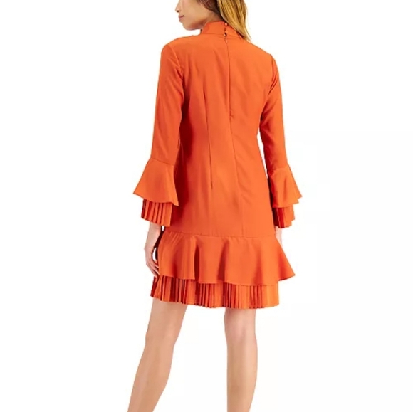 NWT Tahari ASL Burnt Orange Pleated Trim Tie Neck Dress Size 14 - Picture 13 of 15